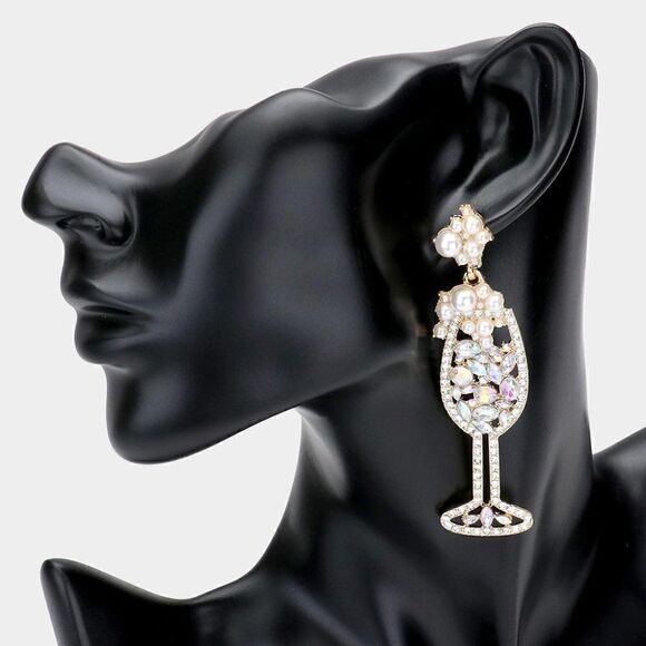 Cocktail Pearl & Rhinestone Earrings - Picture 1 of 5